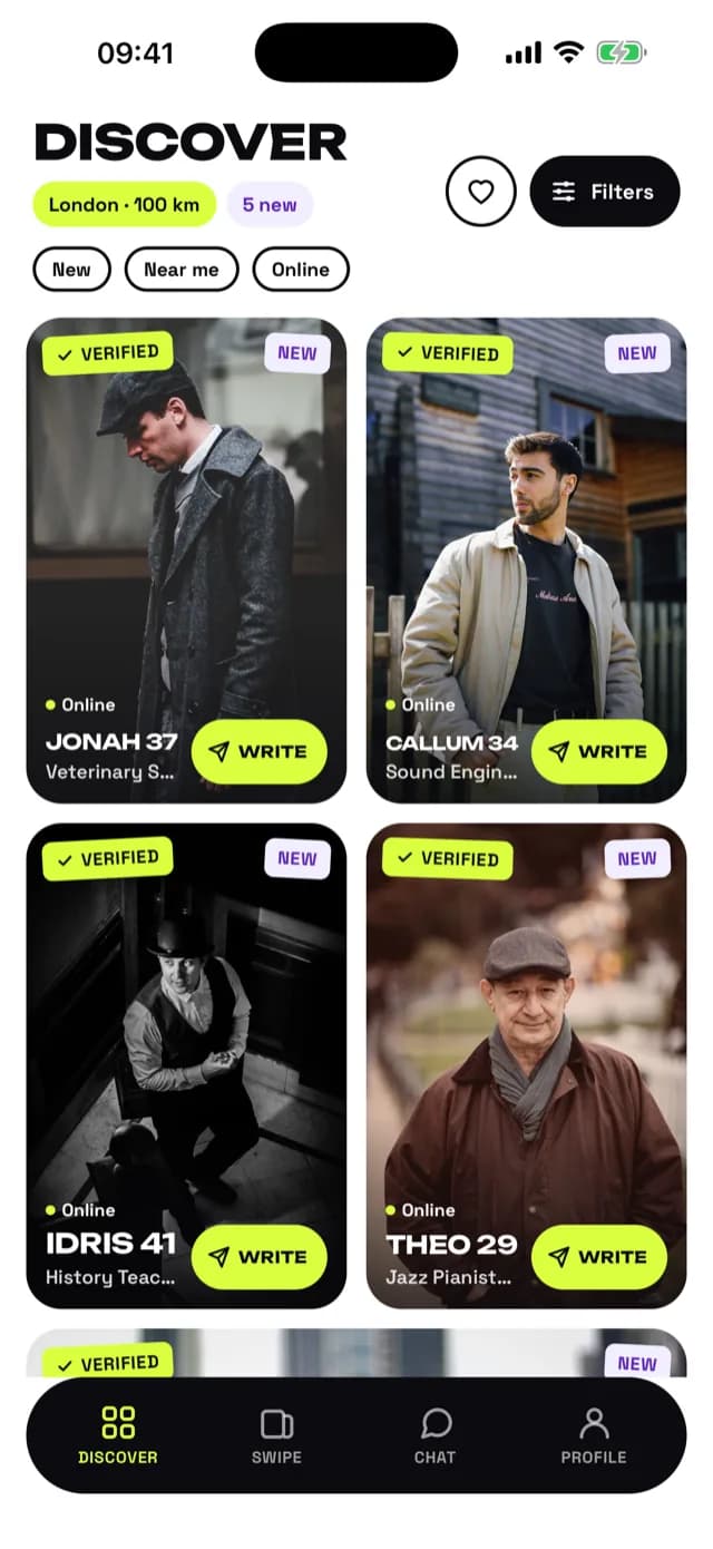 OnlyMens Discover screen: a grid of verified men's profiles with filters above it.