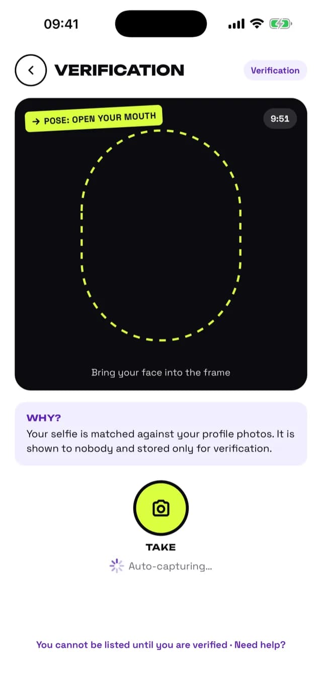 Verification screen: a pose challenge and the frame the selfie has to fill.